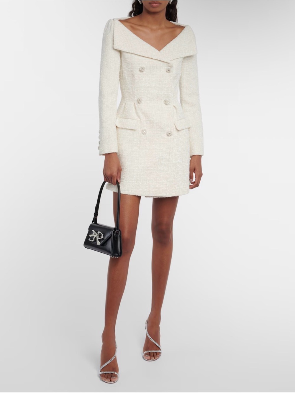 NWT SELF-PORTRAIT CREAM DOUBLE BREASTED METALLIC BOUCLE MINI DRESS SIZE 4